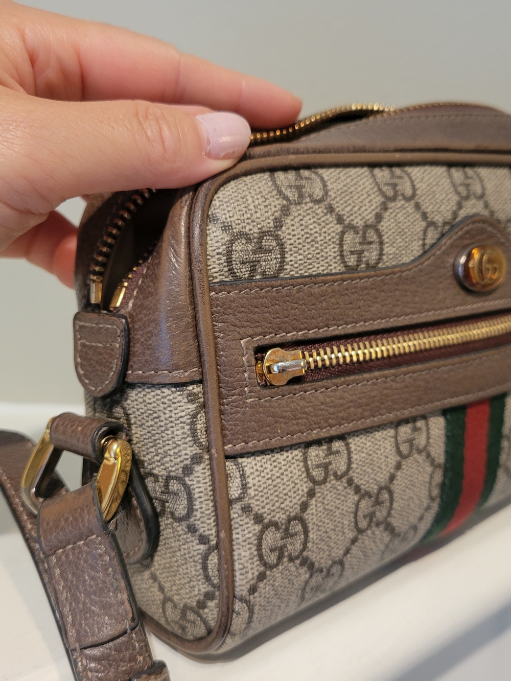 Gucci Brown Monogram Crossbody Bag with Signature Web Stripe - Picture 9 of 16